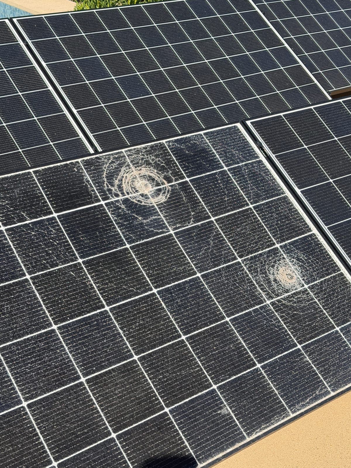 Cracked solar panel next to undamaged panels